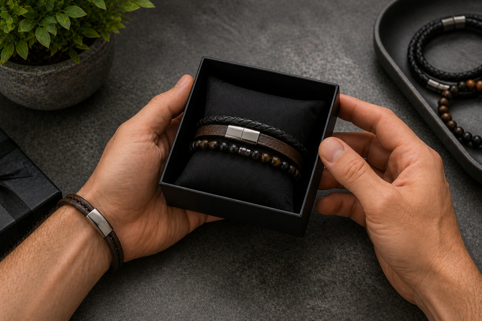 bracelet homme idee cadeau bracelet cuir acier pierre naturelle coffret cadeau homme