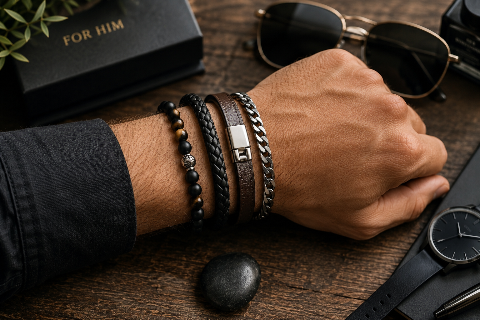 bracelet tendance homme cuir acier pierre naturelle style homme