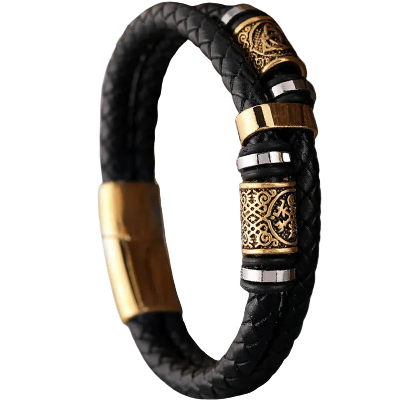 Bracelet Cuir Homme Tressé Anneaux Celte Or | Cédric