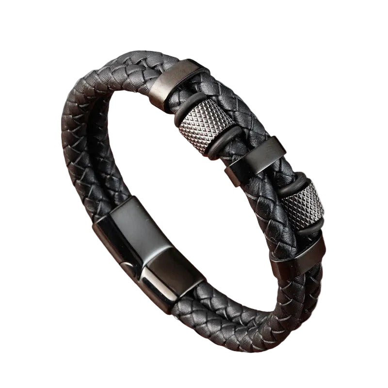 Bracelet Cuir Homme Tressé Anneaux Noir | Stan