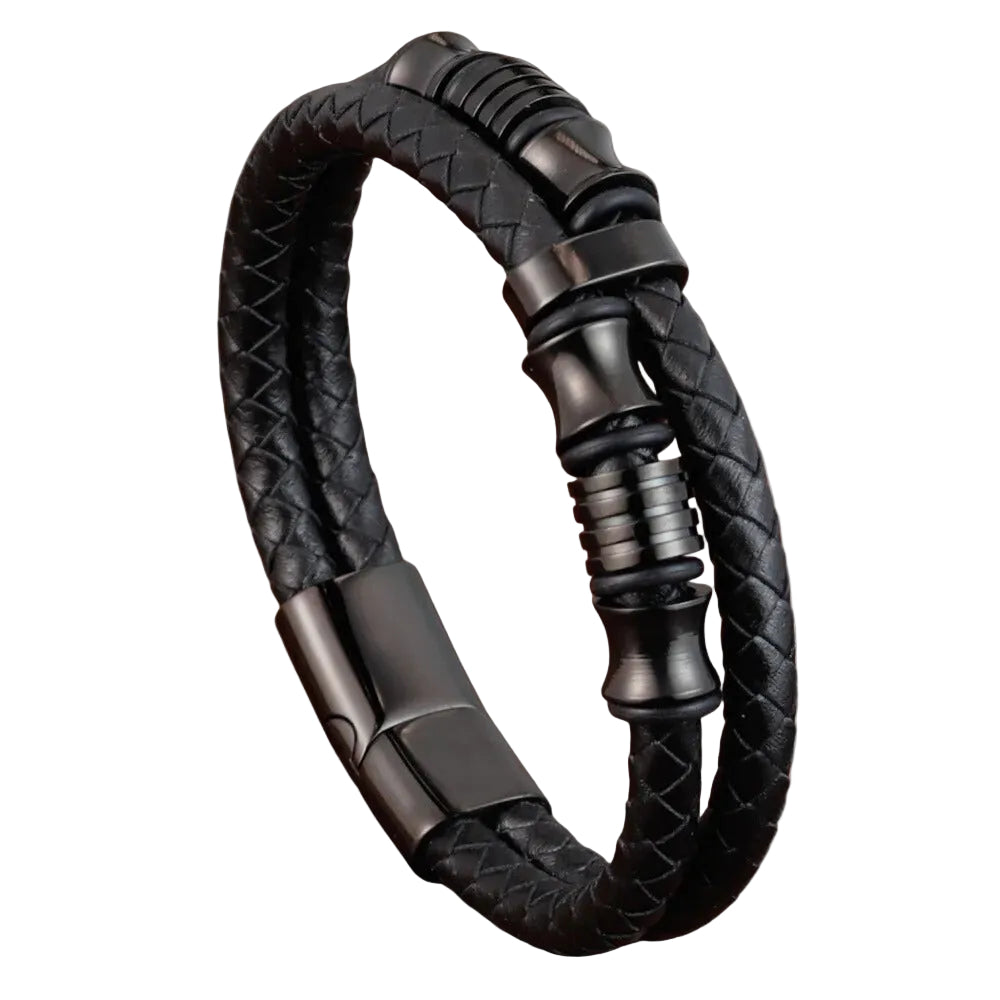 Bracelet Cuir Homme Tressé Anneaux Noirs | Dhalsim