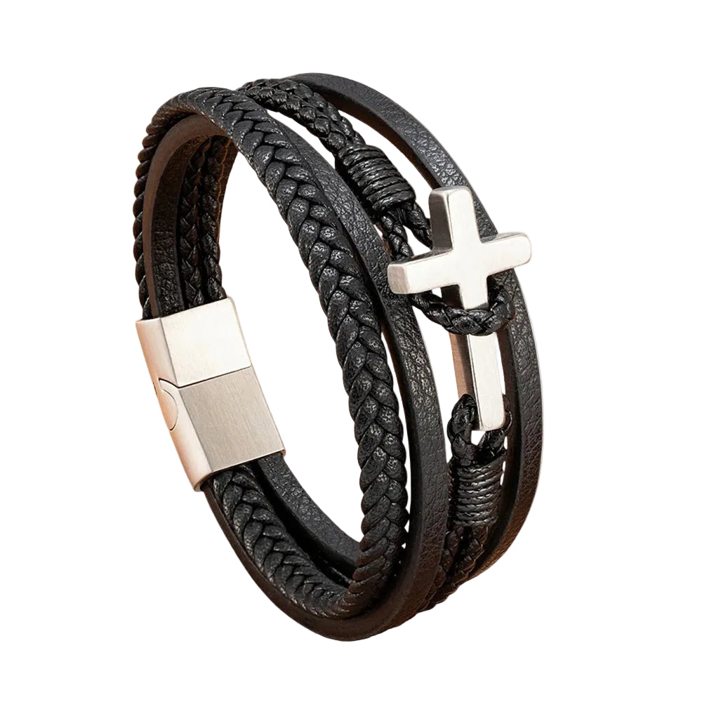Bracelet Cuir Homme Tressé Croix Argent | Dominick