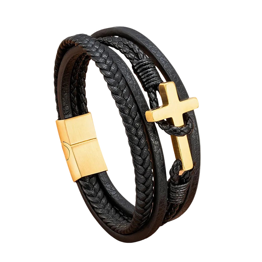 Bracelet Cuir Homme Tressé Croix Or | Philippe
