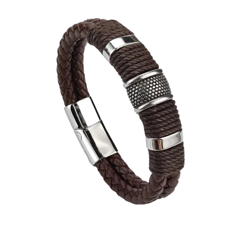 Bracelet Cuir Homme Tressé Marron Anneaux Argent | Hwoarang