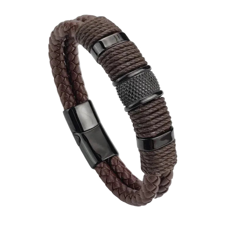 Bracelet Cuir Homme Tressé Marron Anneaux Noir | Chopper