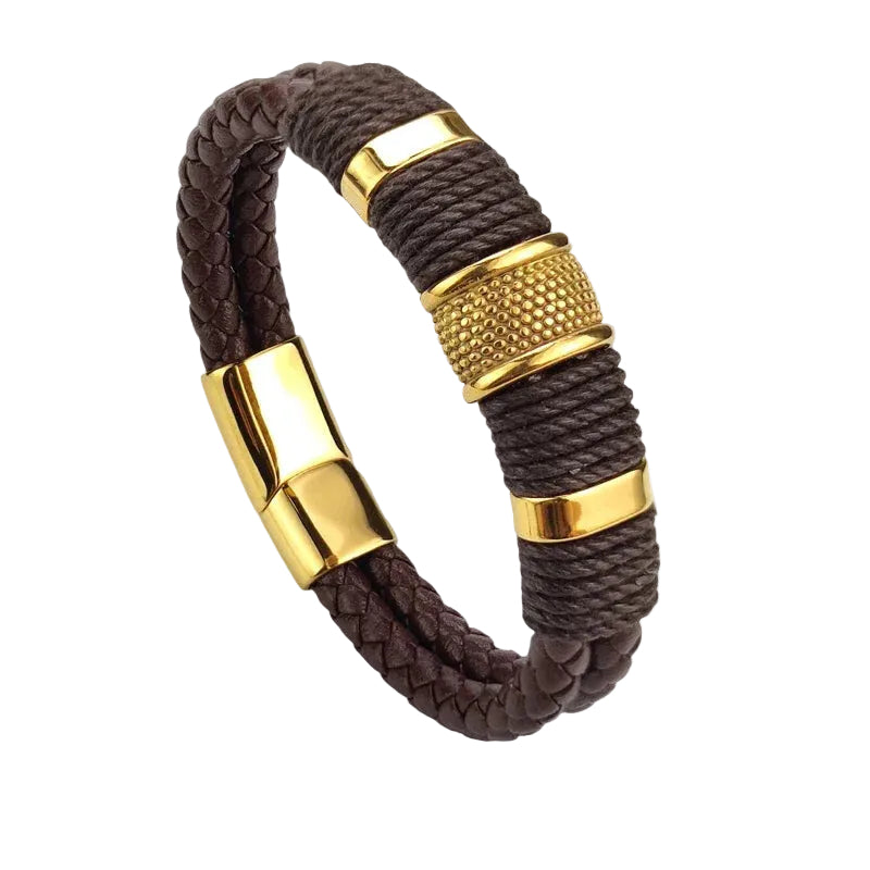 Bracelet Cuir Homme Tressé Marron Anneaux Or | Baku