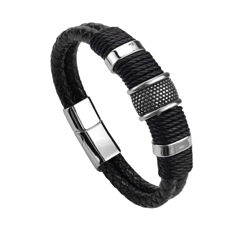 Bracelet Cuir Homme Tressé Noir Anneaux Argent | Oslo