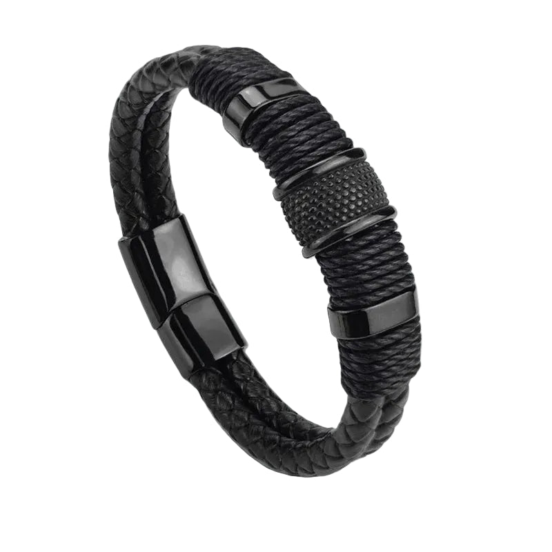 Bracelet Cuir Homme Tressé Noir Anneaux Noir | Jedusor