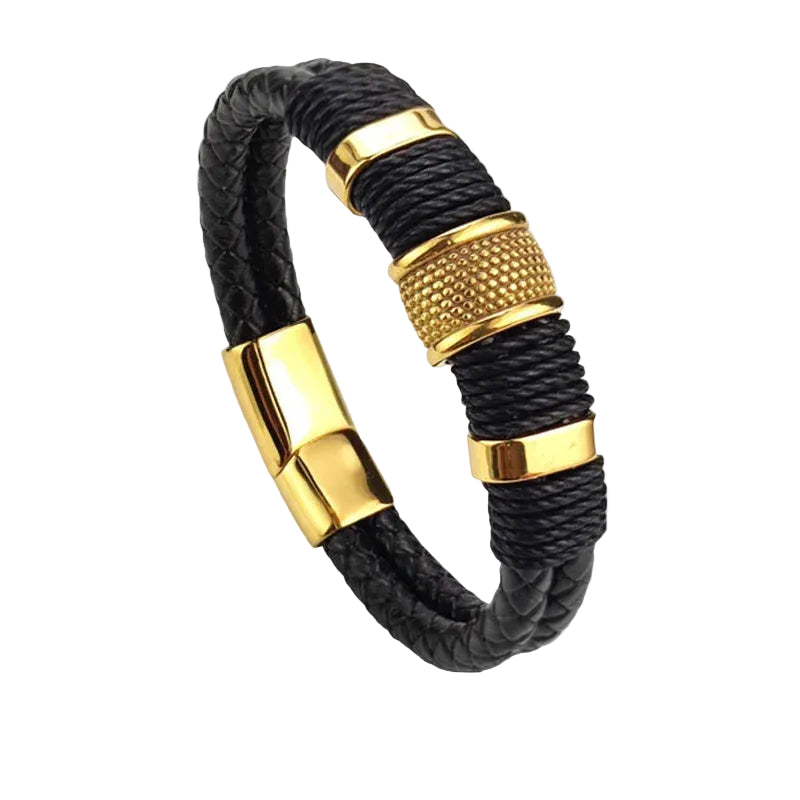 Bracelet Cuir Homme Tressé Noir Anneaux Or | Zanzibar