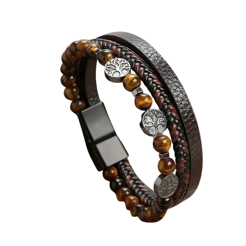 Bracelet Cuir Homme Tressé Perles Arbre de Vie Marron | Simon