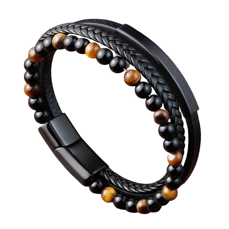 Bracelet Cuir Homme Tressé Perles Marron Clair | Luc