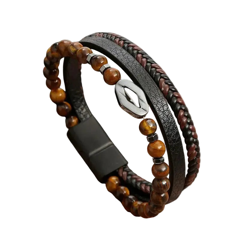 Bracelet Cuir Homme Tressé Perles Marron Losange | Gabriel