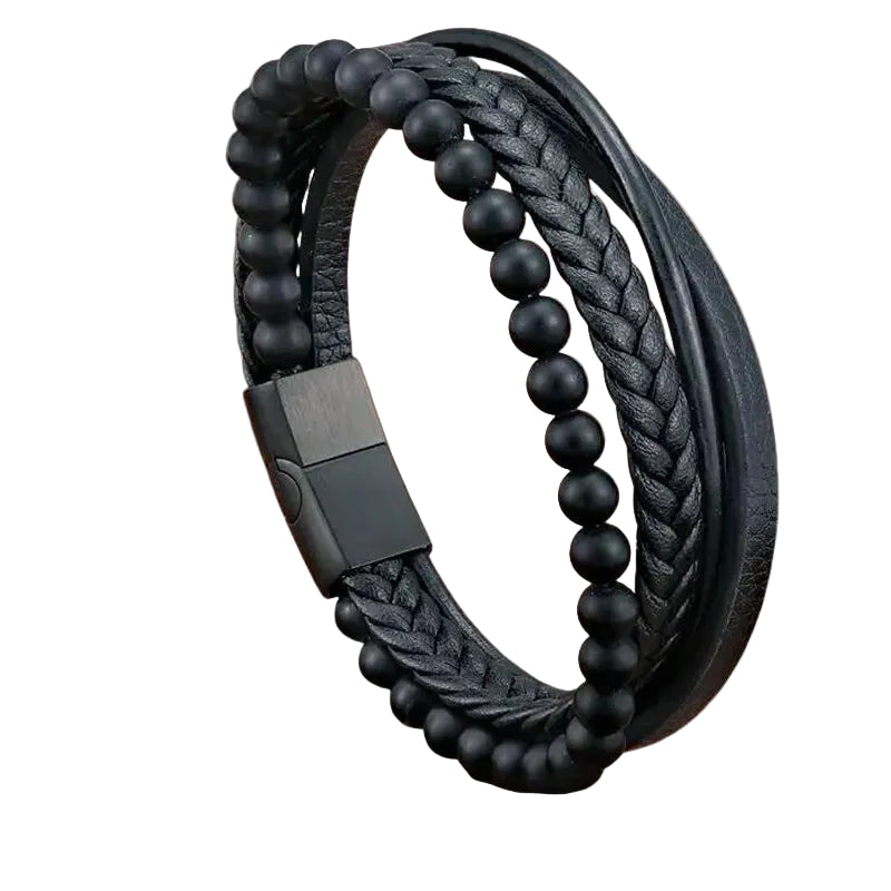 Bracelet Cuir Homme Tressé Perles Noires | Auckland