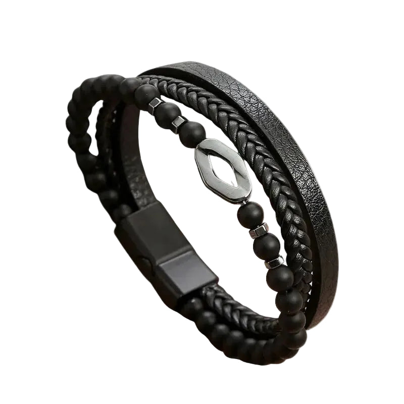 Bracelet Cuir Homme Tressé Perles Noires Losange | Raphael