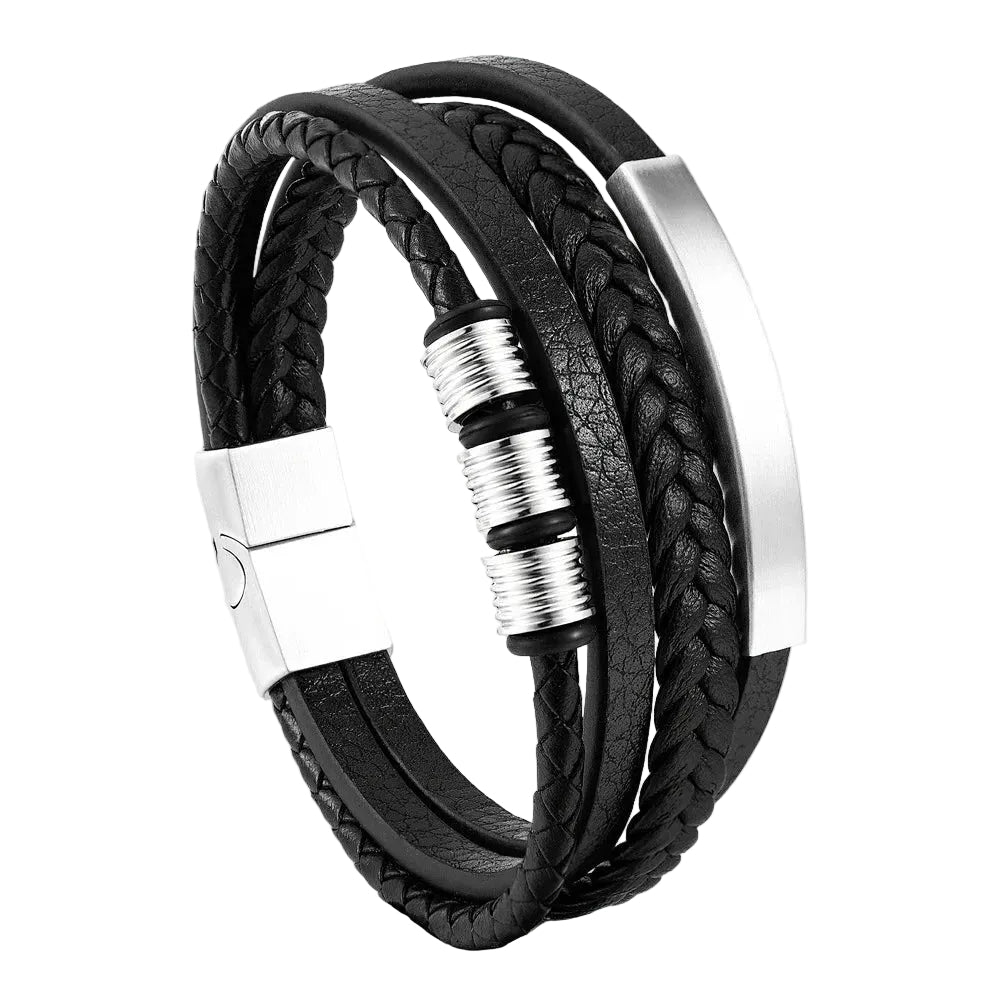 Bracelet Cuir Homme Tressé Plat Anneaux Argent | Dimitri