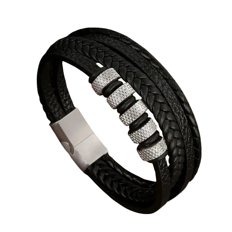 Bracelet Cuir Homme Tressé Plat Anneaux Argent | Gabin
