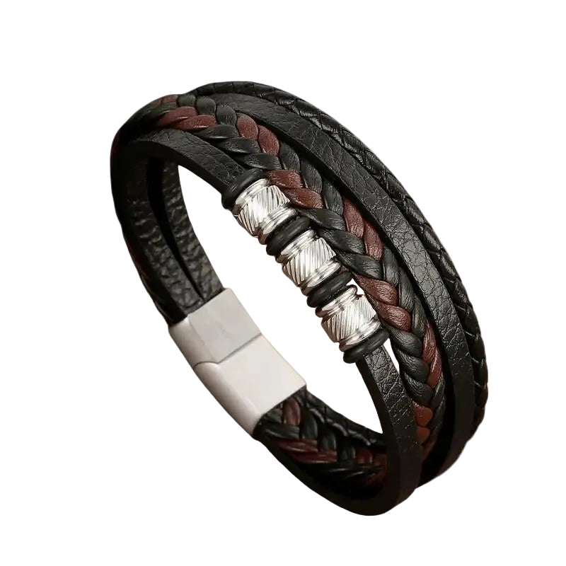 Bracelet Cuir Homme Tressé Plat Anneaux Argent Noir et Marron | Tim