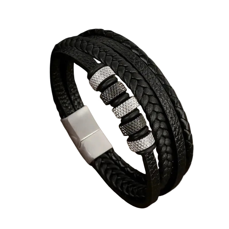 Bracelet Cuir Homme Tressé Plat Anneaux Argent et Noir | Malo