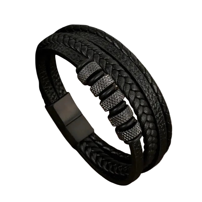 Bracelet Cuir Homme Tressé Plat Anneaux Noir | Hugo