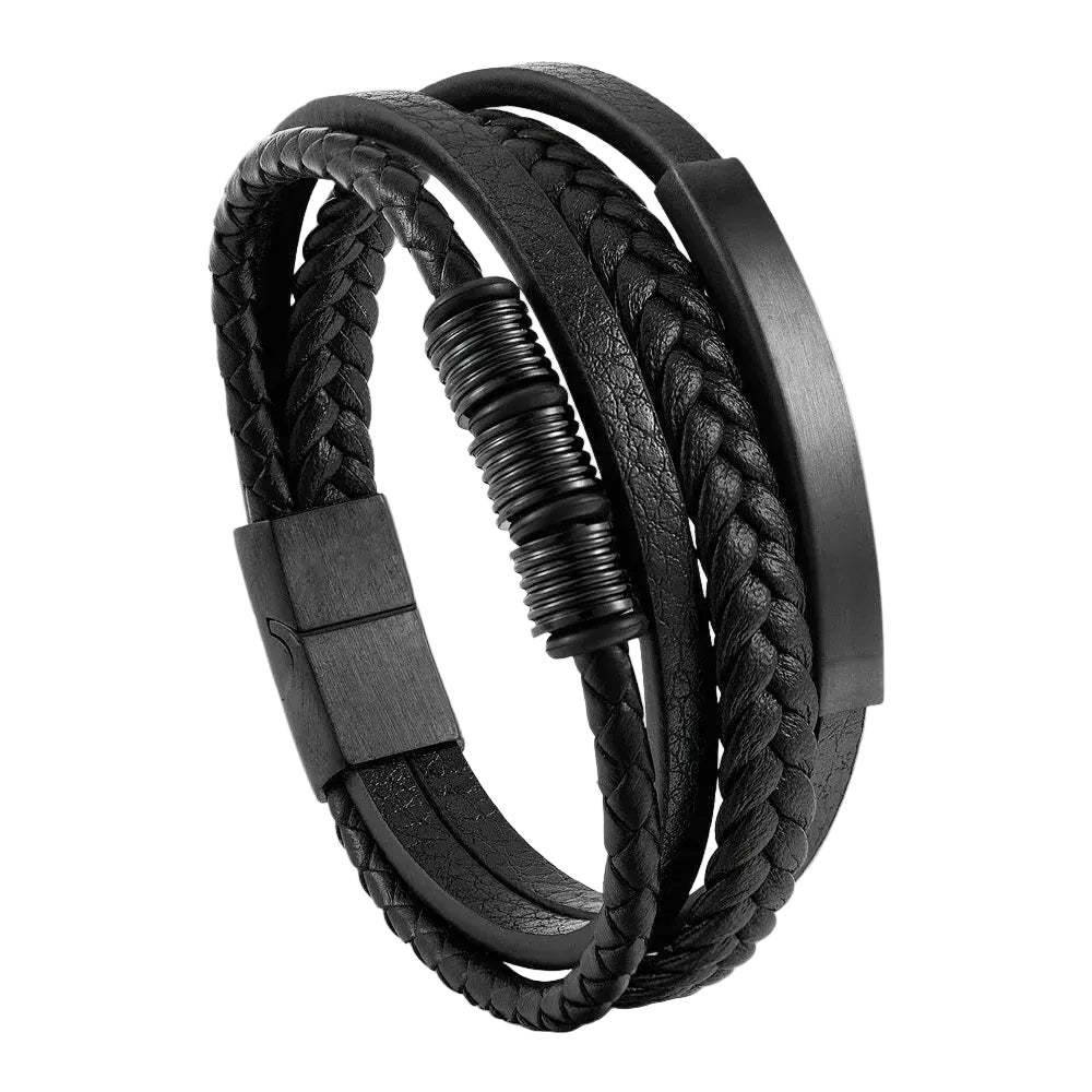 Bracelet Cuir Homme Tressé Plat Anneaux Noir | Valentin