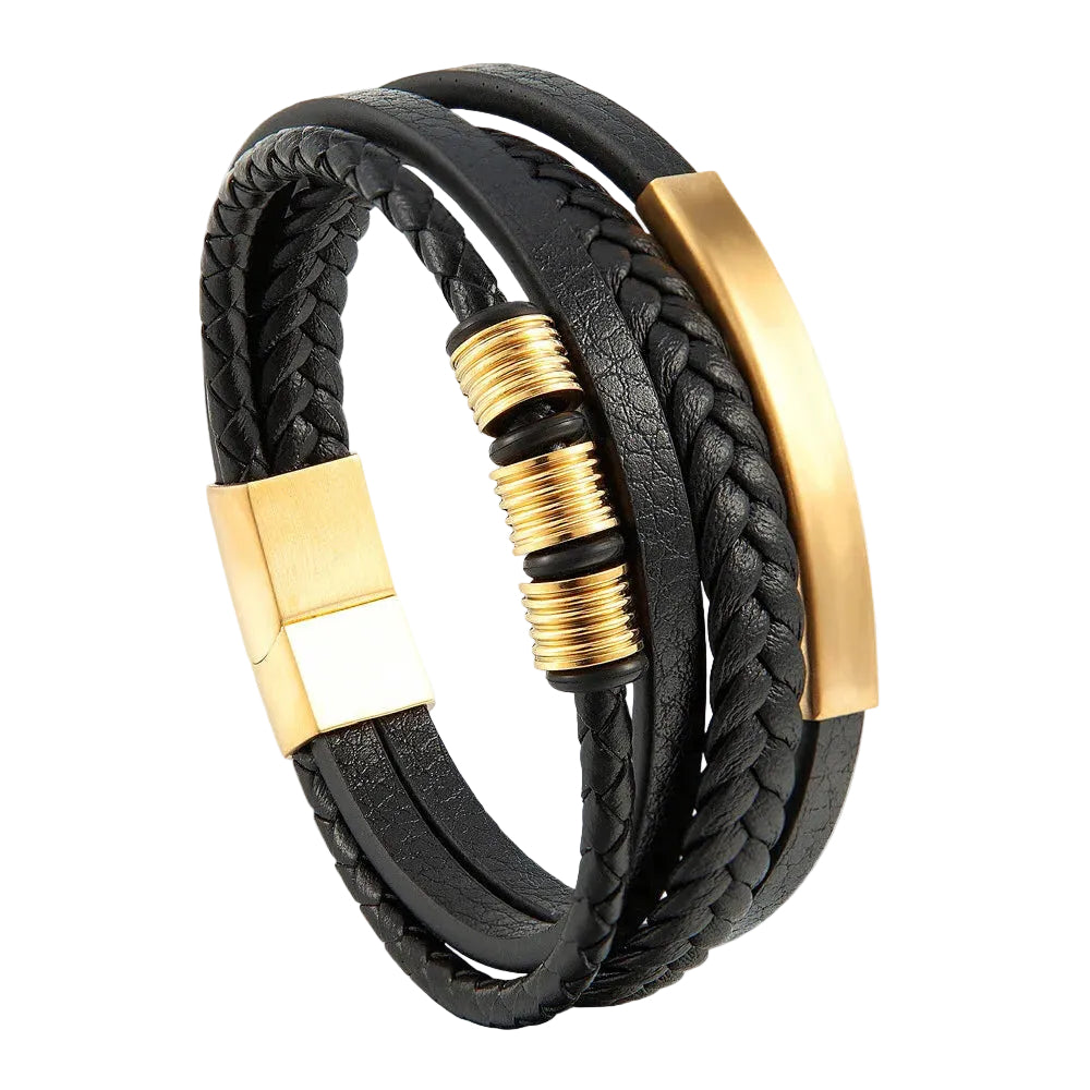 Bracelet Cuir Homme Tressé Plat Anneaux Or | Eddy