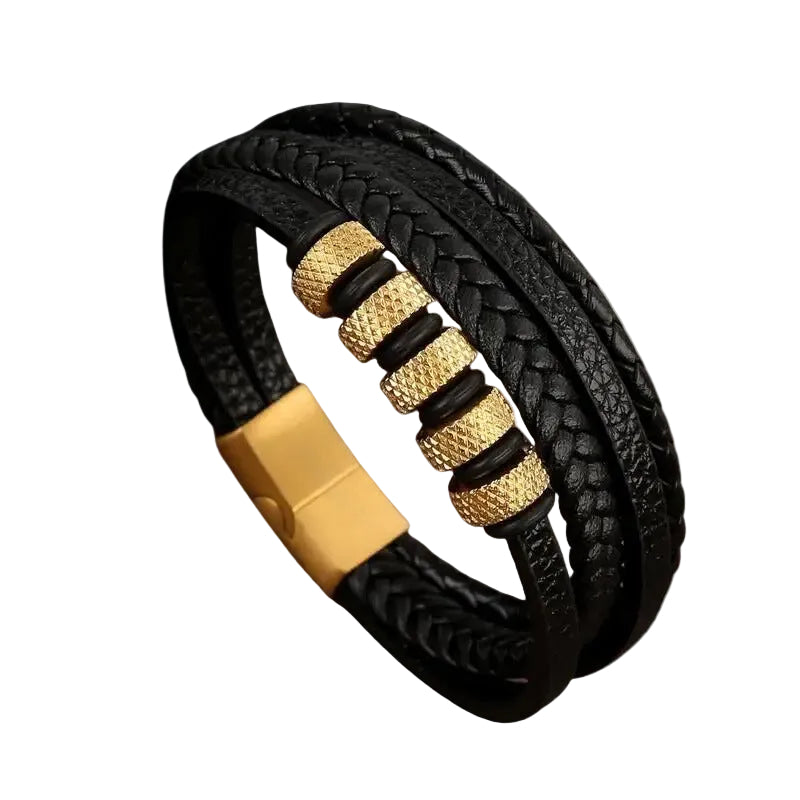 Bracelet Cuir Homme Tressé Plat Anneaux Or | Marius