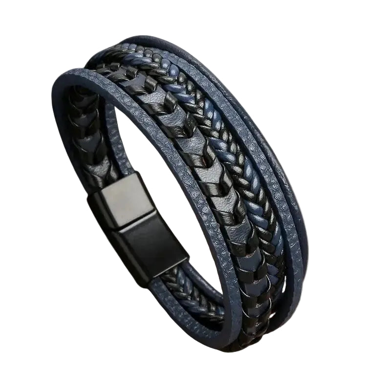 Bracelet Cuir Homme Tressé Plat Chevrons Bleu et Noir | Axel