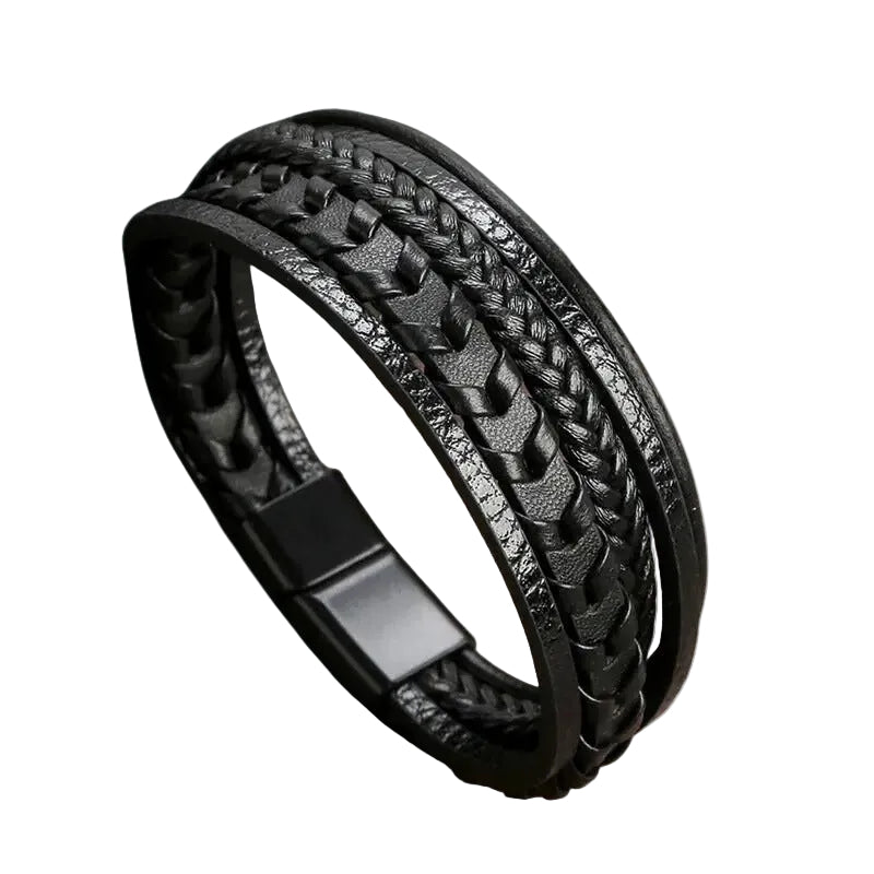 Bracelet Cuir Homme Tressé Plat Chevrons Noir | Oscar