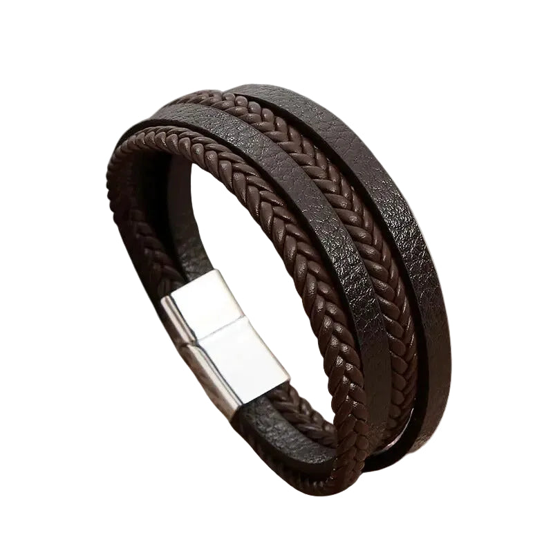 Bracelet Cuir Homme Tressé Plat Marron | Léon