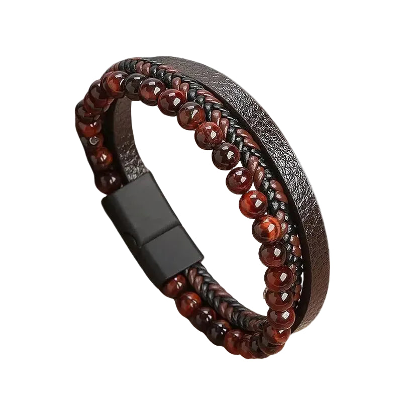 Bracelet Cuir Homme Tressé Plat Perle Marron | Guy