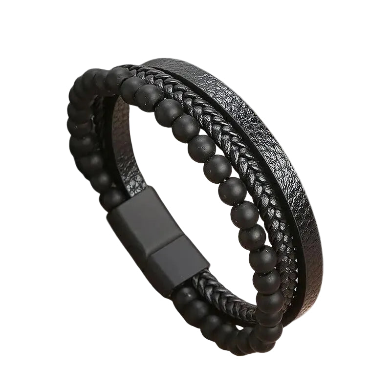 Bracelet Cuir Homme Tressé Plat Perle Noir | Hughes