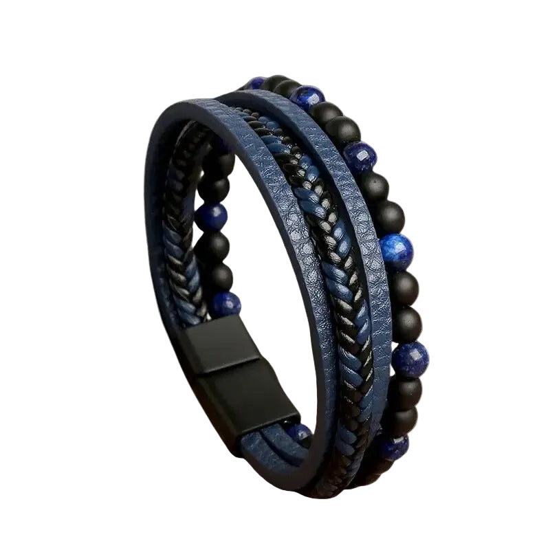 Bracelet Cuir Homme Tressé Plat Perles Bleu et Noir | Augustin