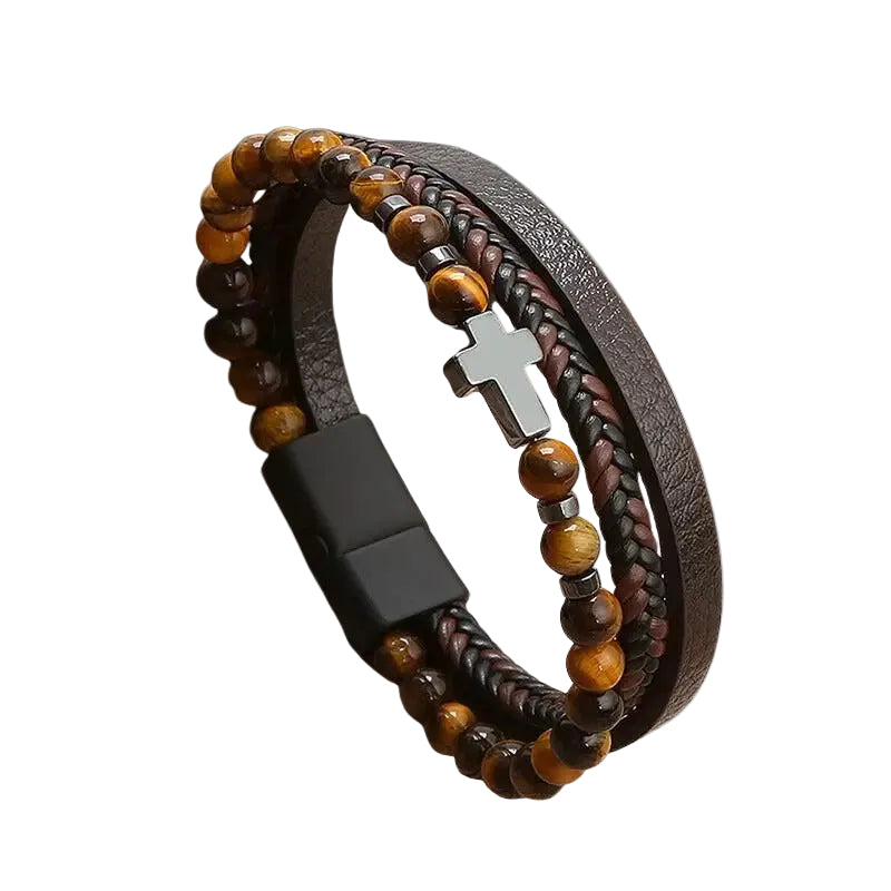Bracelet Cuir Homme Tressé Plat Perles Croix Marron | Gaspard
