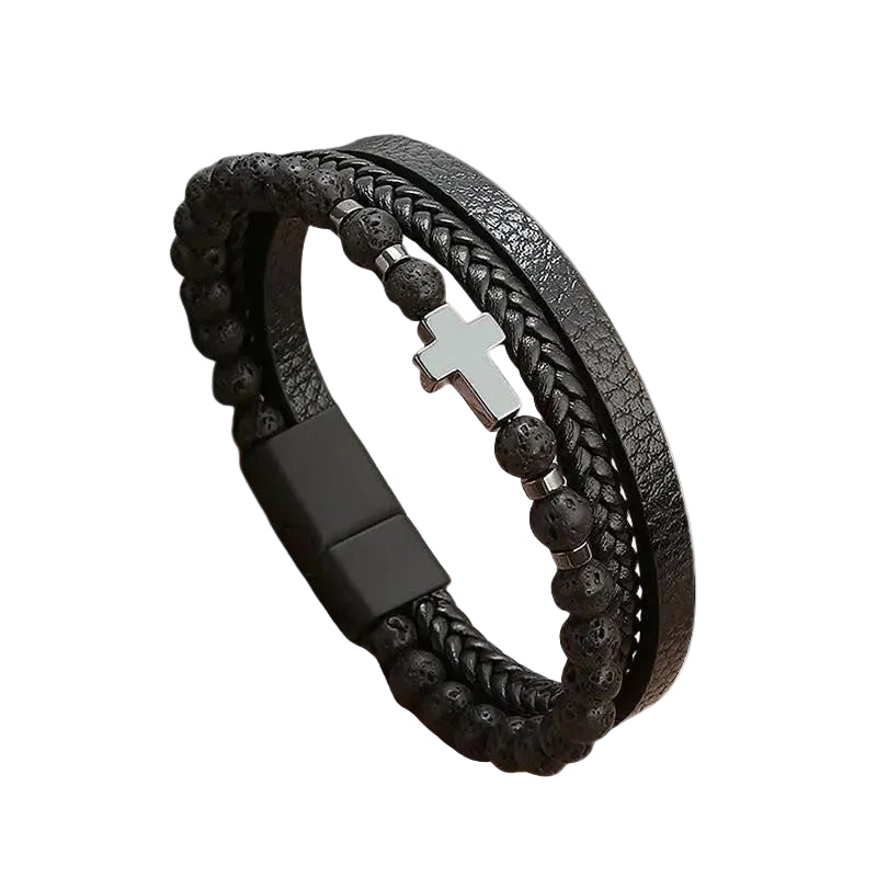 Bracelet Cuir Homme Tressé Plat Perles Croix Noir | Léandre
