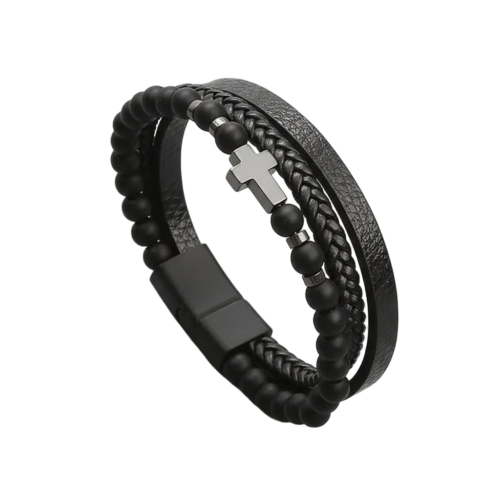 Bracelet Cuir Homme Tressé Plat Perles Croix Noir | Mathis