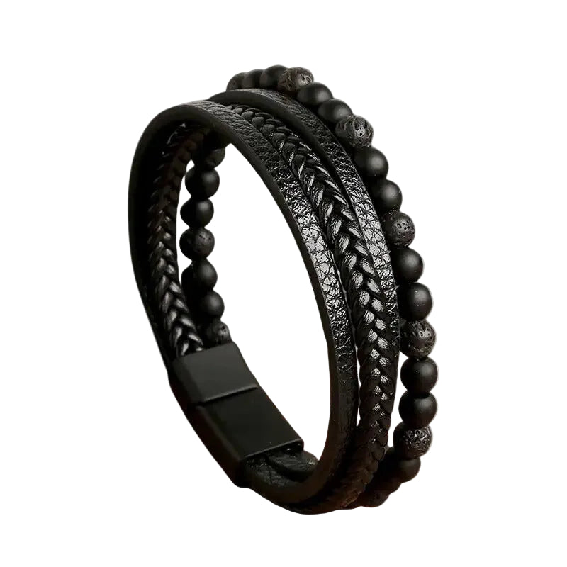 Bracelet Cuir Homme Tressé Plat Perles Noir | Basile