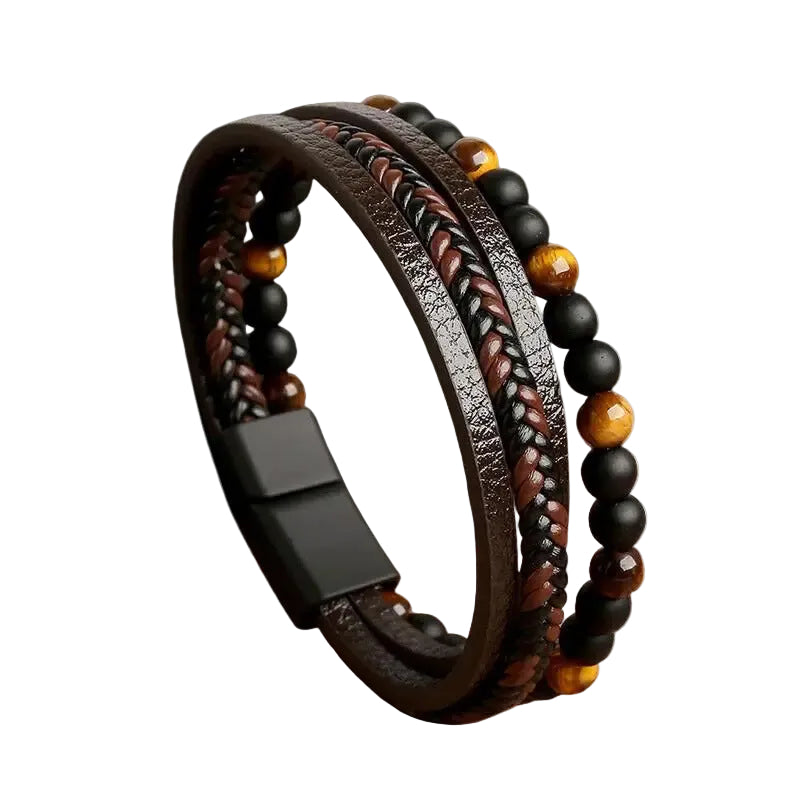 Bracelet Cuir Homme Tressé Plat Perles Noir et Marron | Lazare
