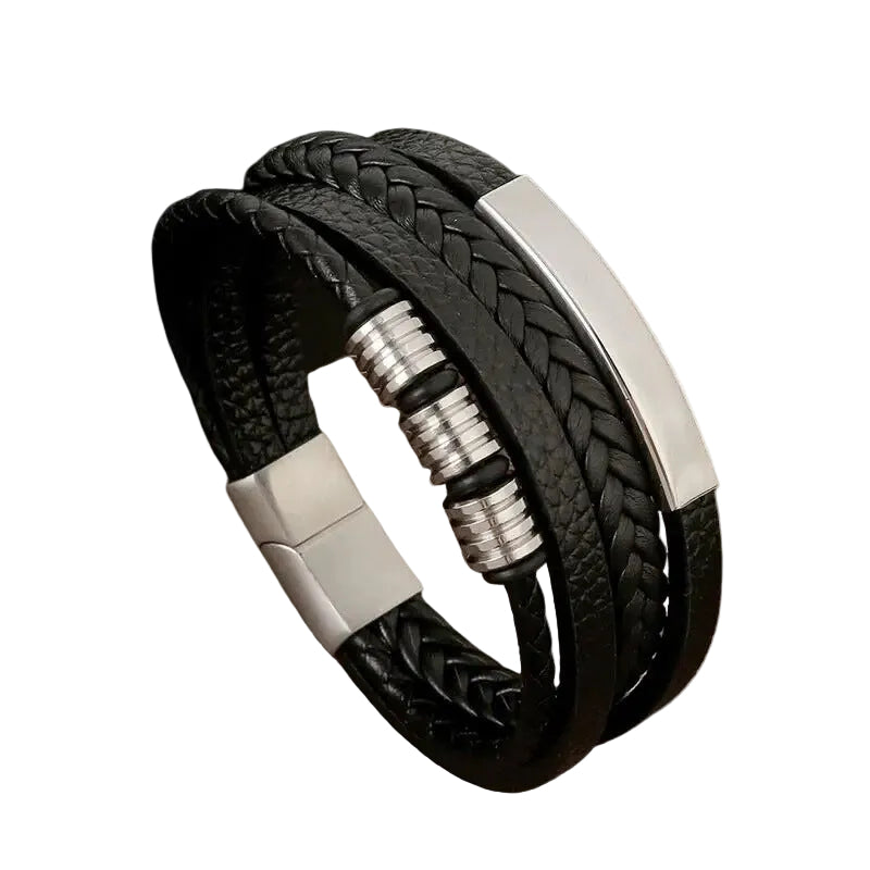 Bracelet Cuir Homme Tressé Plat et Anneaux Argent | Louis