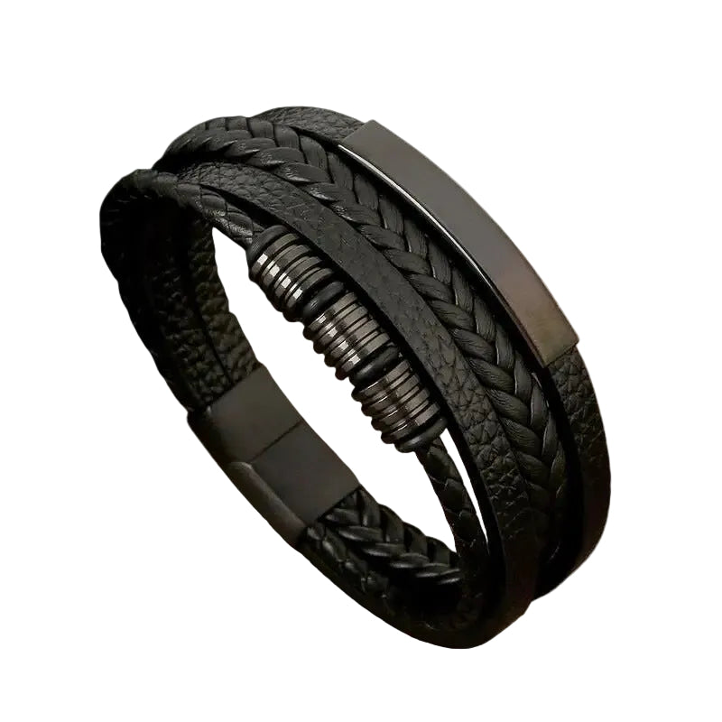 Bracelet Cuir Homme Tressé Plat et Anneaux Noir | Arthur