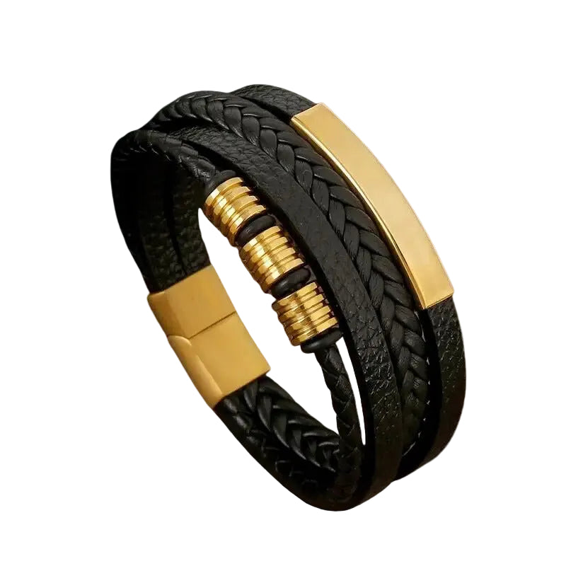 Bracelet Cuir Homme Tressé Plat et Anneaux Or | Léo