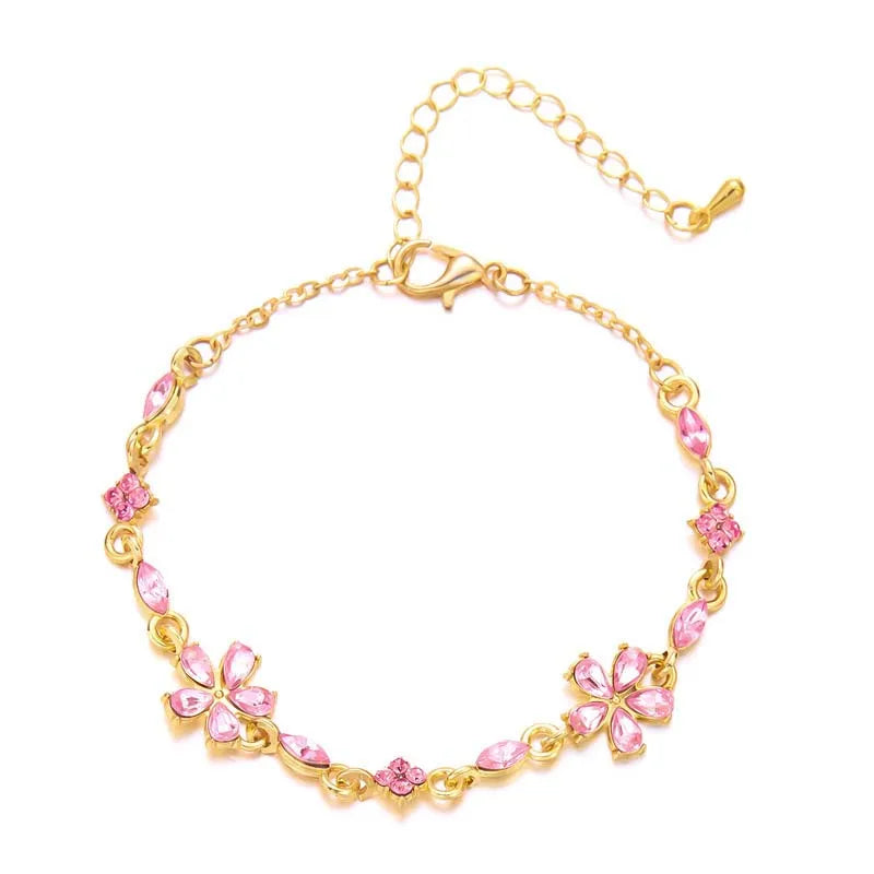 Bracelet Fin Fleurs Diamants Roses Or Femme | Gabrielle