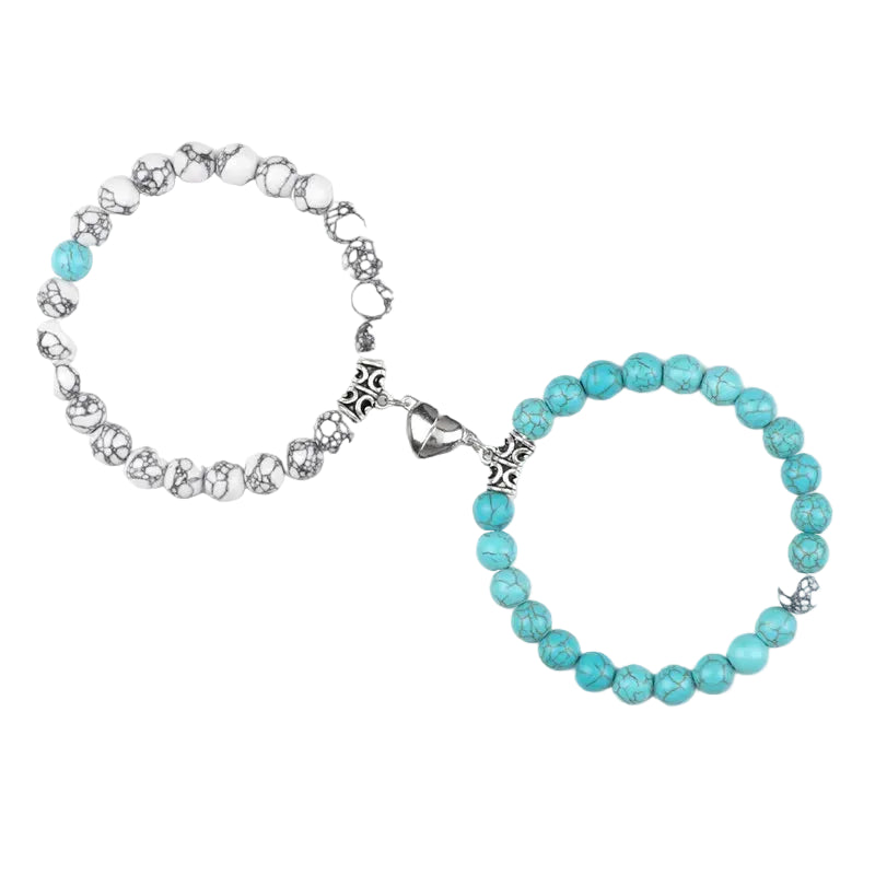 Bracelet couple Cœur Aimant Perles Blanches et Cyan | Liliane & Gabin