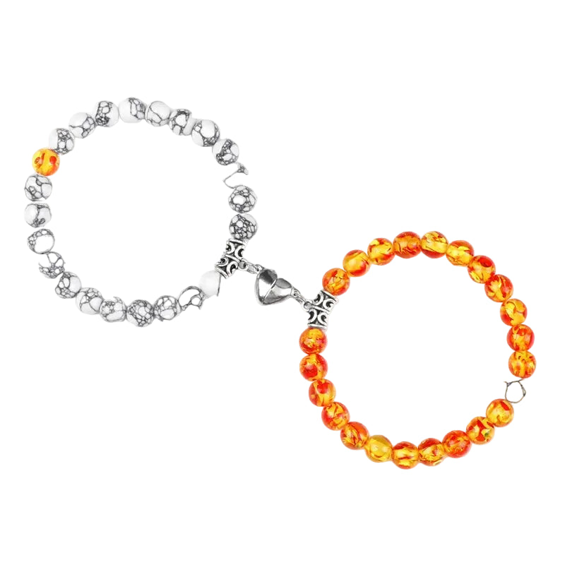 Bracelet couple Cœur Aimant Perles Blanches et Jaunes/Rouges | Violette & Nino