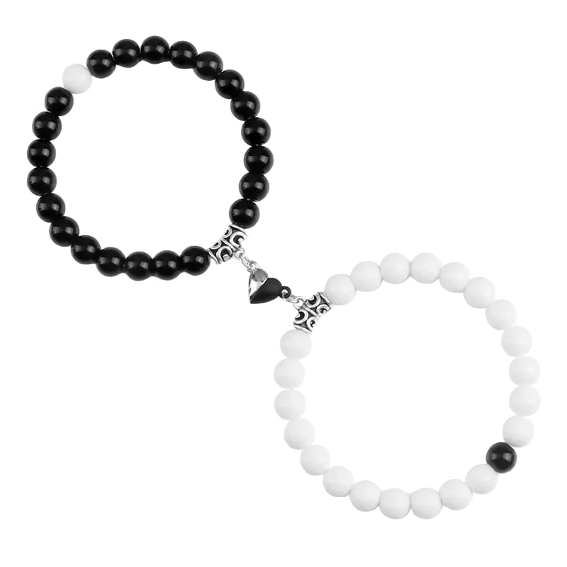Bracelet couple Cœur Aimant Perles Blanches et Noires | Bryanna & Paul