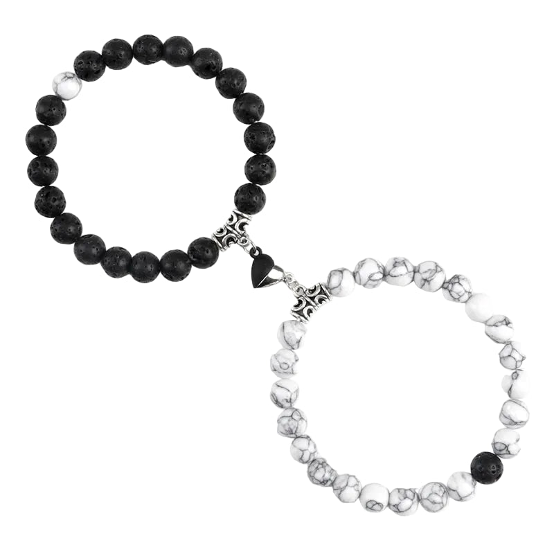 Bracelet couple Cœur Aimant Perles Blanches et Noires | Christine & Leon