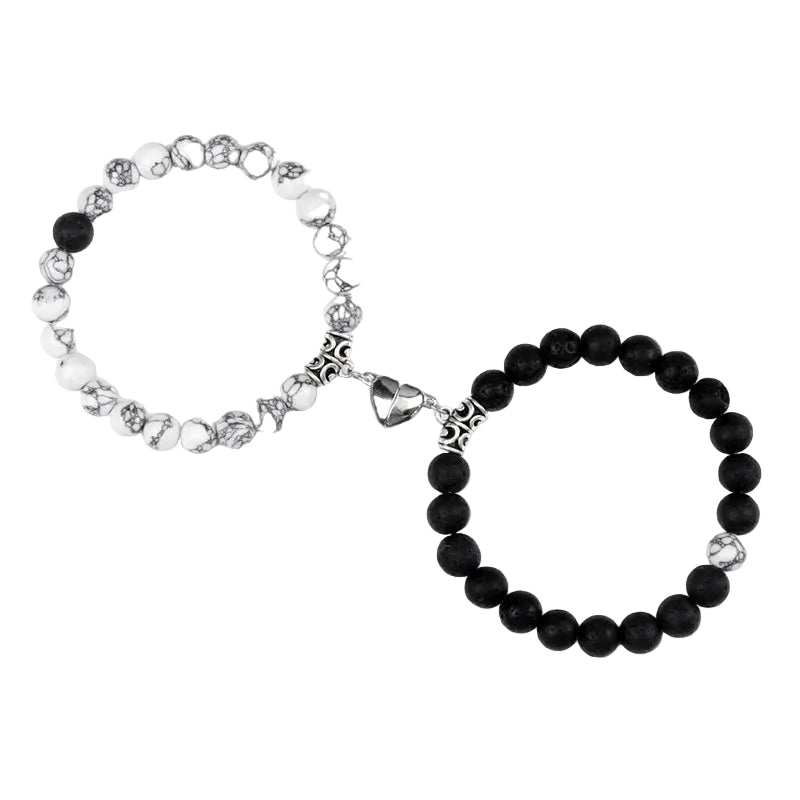Bracelet couple Cœur Aimant Perles Blanches et Noires | Honorée & Arthur