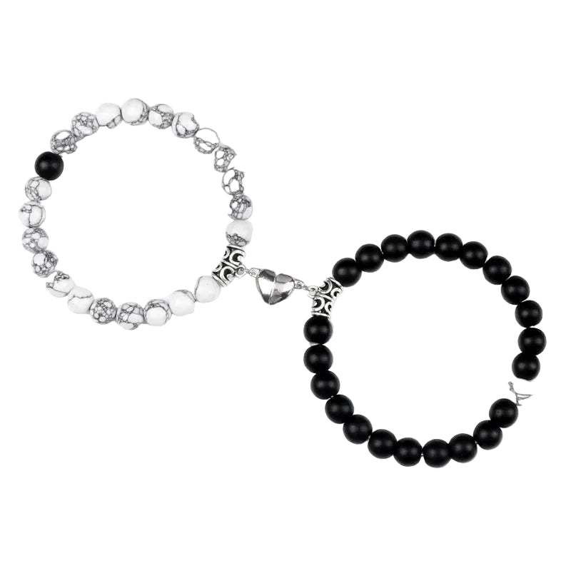 Bracelet couple Cœur Aimant Perles Blanches et Noires | Pacale & Liam