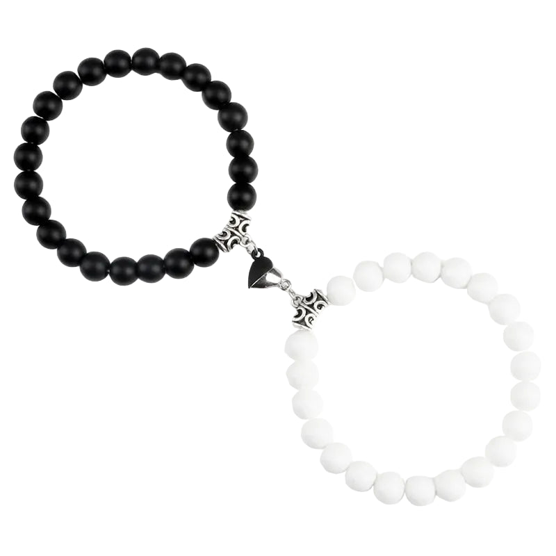Bracelet couple Cœur Aimant Perles Blanches et Noires | Pauline & Aaron