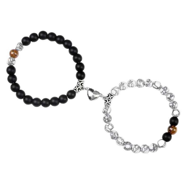 Bracelet couple Cœur Aimant Perles Blanches et Noires | Shanon & Mohamed
