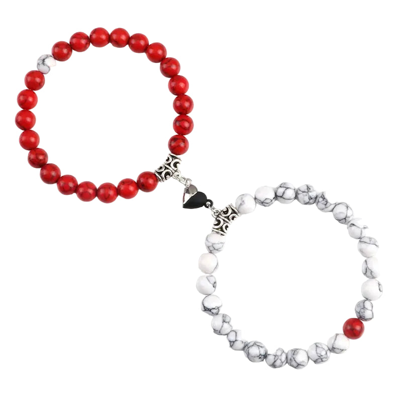 Bracelet couple Cœur Aimant Perles Blanches et Rouges | Aurore & Noé